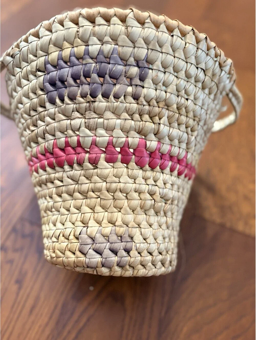 Vintage Handmade Coiled Basket With Handles Light Blue & Pink 14